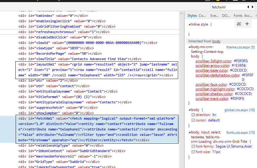 layoutXml and fetchXml showing in the DOM